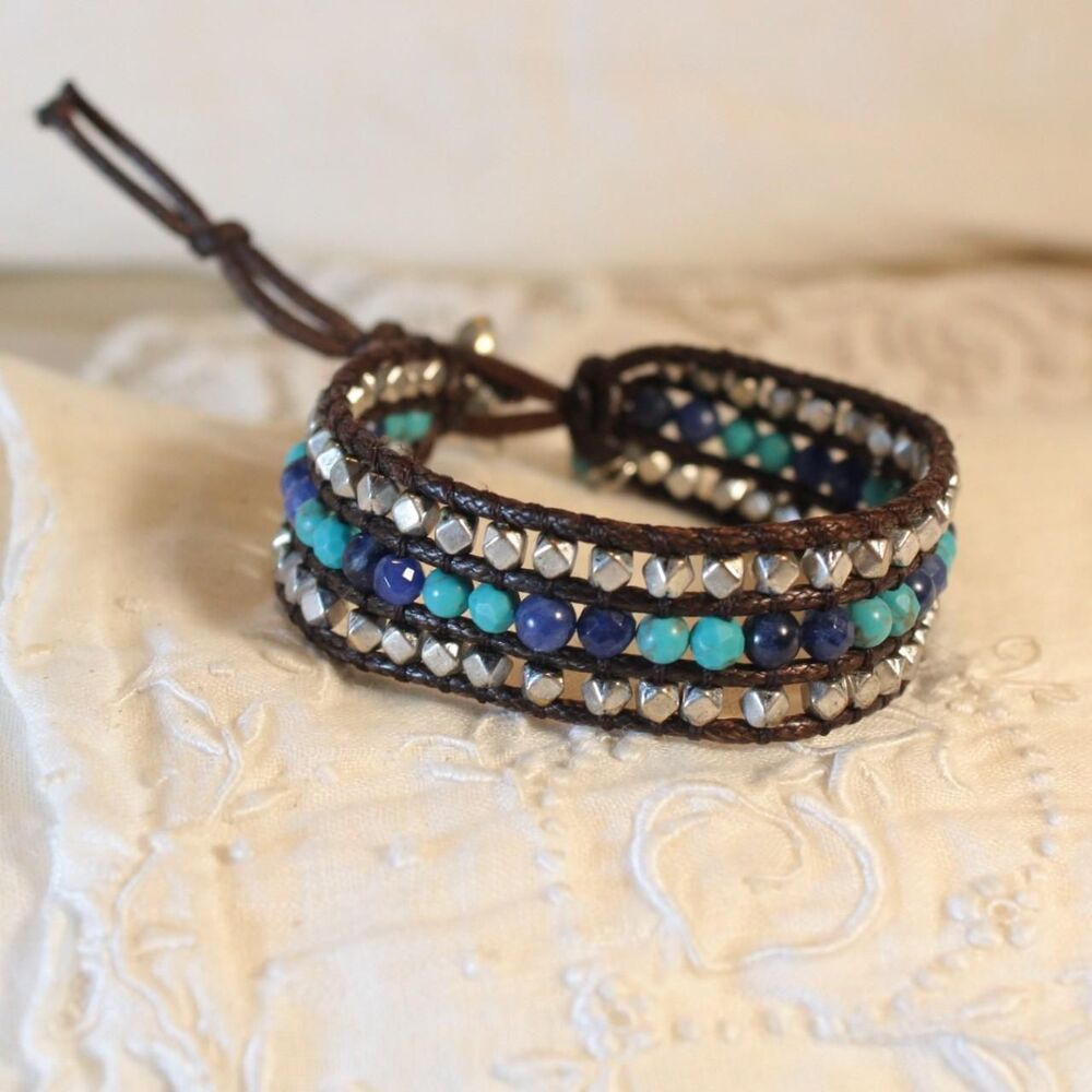 Boho Turquoise Leather Wrap Bracelet Silver Beads